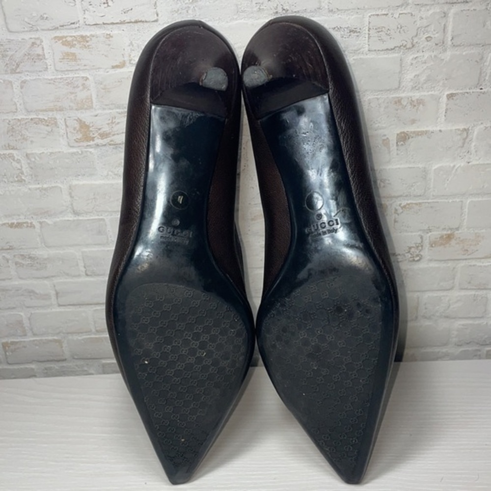 Authentic Gucci Chocolate Brown Classic Pointy Toe Casual Kitten Heel Pump Shoes - Picture 13 of 16